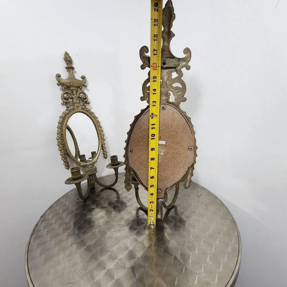 Vtg Maitland-Smith Mirrored Wall Sconces Pair Brass Bronze Vintage Candle Holder